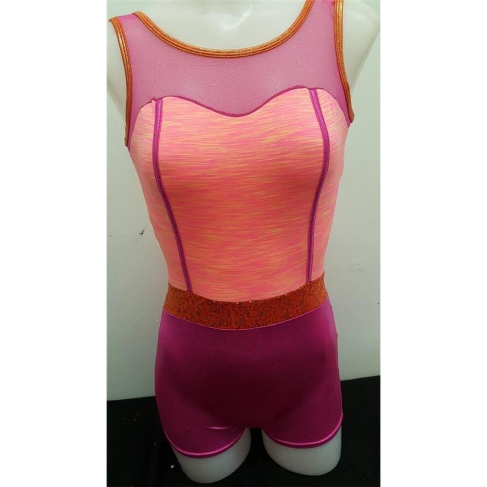 Dance Costume Curtain Call E1310 Medium Child Pink Green Gymnastics Acro Unitard